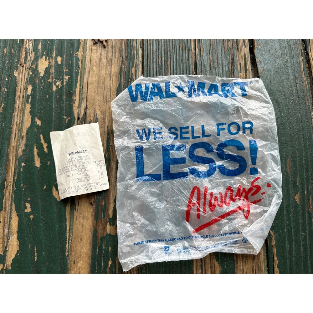 Vintage 1999 Walmart Plastic Shopping Bag and Original Receipt Dated 03/23/99